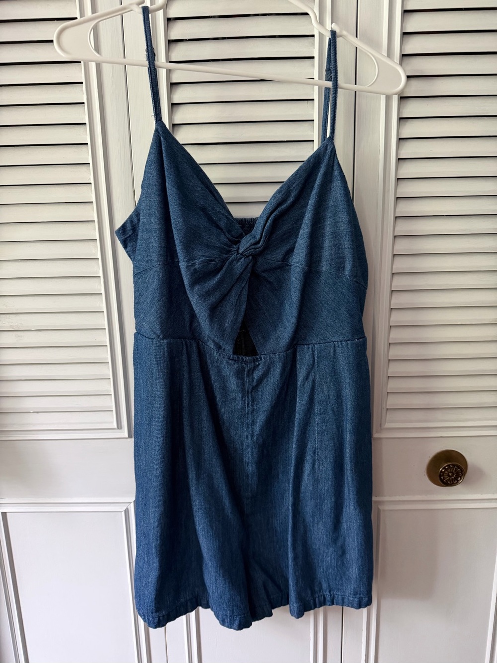 Blue Denim-Tone Spaghetti Strap shorts junpsuit with Front Knot